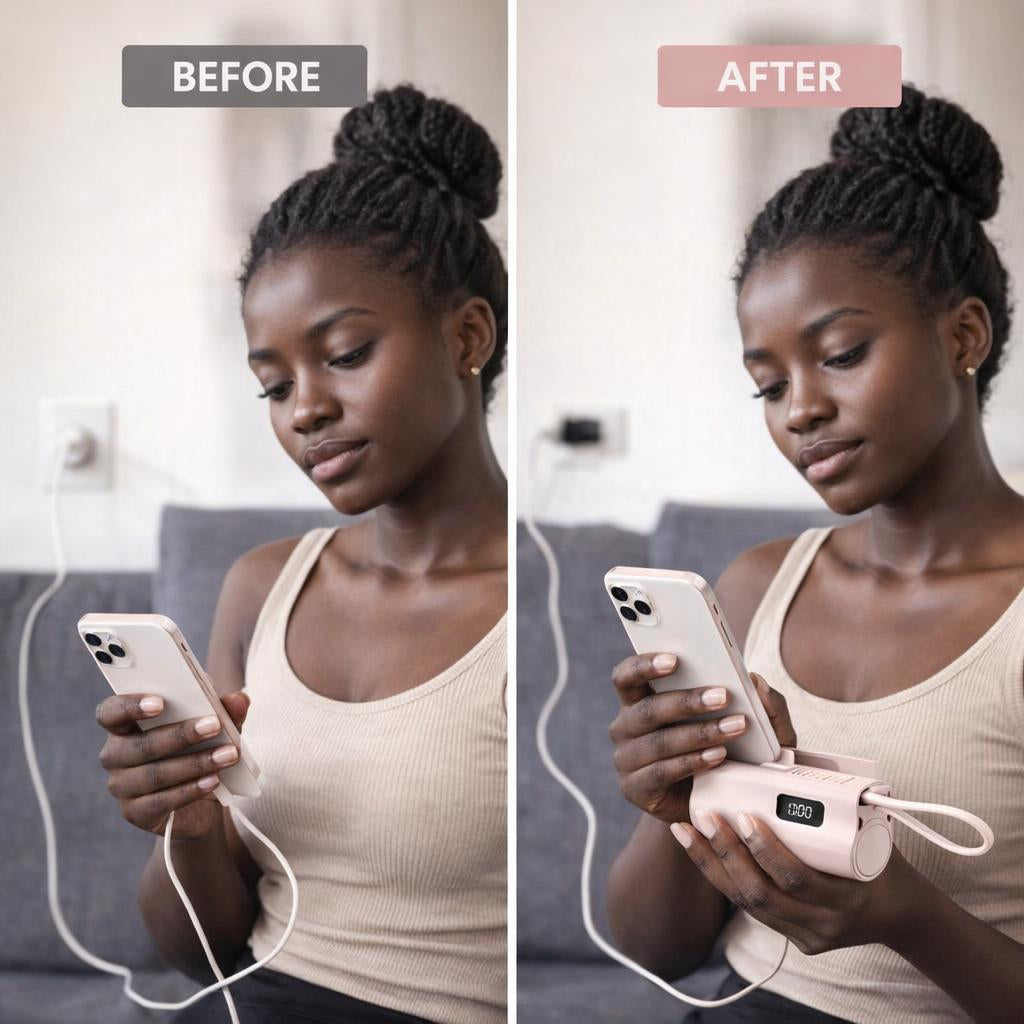 Power Bank Mini 10000mAh 3 en 1 avec support téléphone, câble Type C et câble iOS intégré, compatible iPhone et Android.