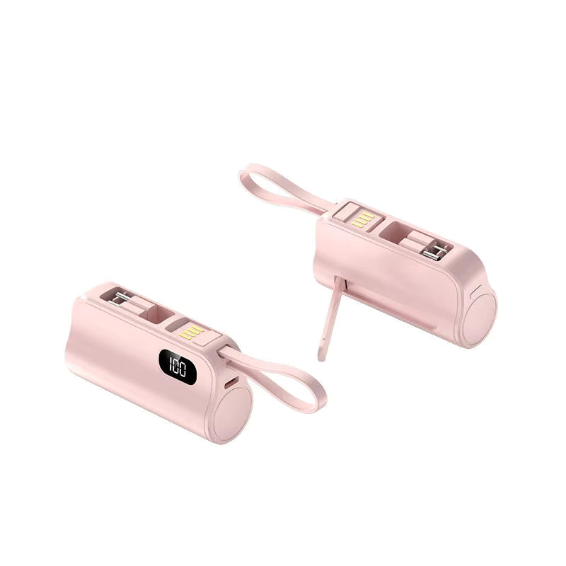Power Bank Mini 10000mAh 3 en 1 avec support téléphone, câble Type C et câble iOS intégré, compatible iPhone et Android.