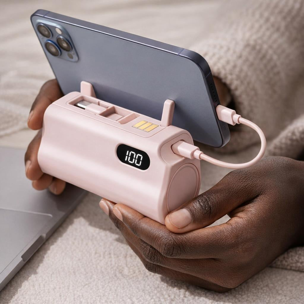 Power Bank Mini 10000mAh 3 en 1 avec support téléphone, câble Type C et câble iOS intégré, compatible iPhone et Android.