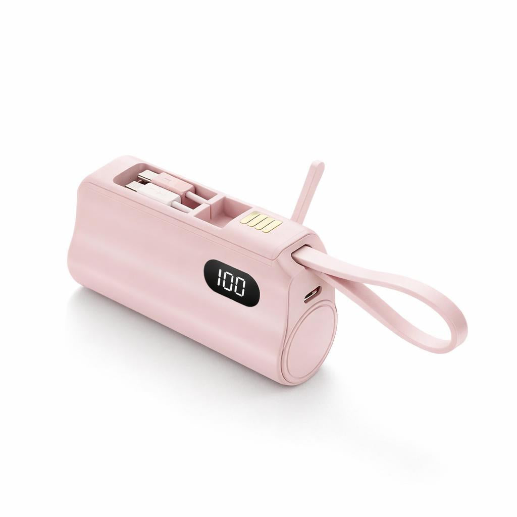 Power Bank Mini 10000mAh 3 en 1 avec support téléphone, câble Type C et câble iOS intégré, compatible iPhone et Android.