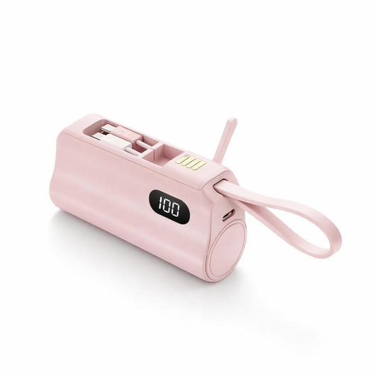 Power Bank Mini 10000mAh 3 en 1 avec support téléphone, câble Type C et câble iOS intégré, compatible iPhone et Android.